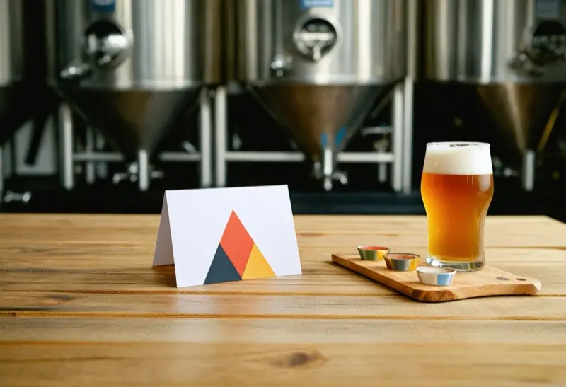 Tent card on a taproom table beside a pint and a tasting board, brewing tanks behind