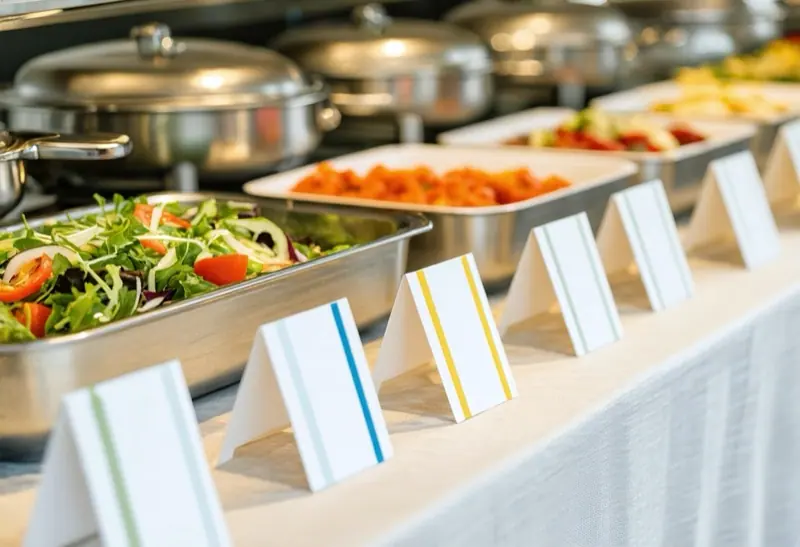 Small tent card food labels in front of dishes on a catering buffet