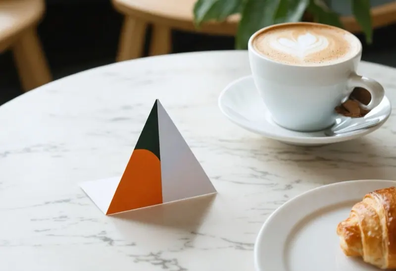 Tent card on a marble café table next to a latte and a croissant