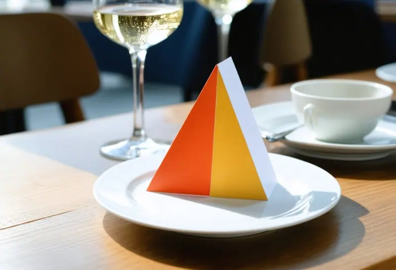 Orange and yellow table tent card standing on a white plate in a restaurant
