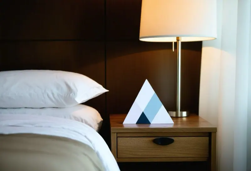 Blue and white tent card on a hotel room nightstand under a lamp