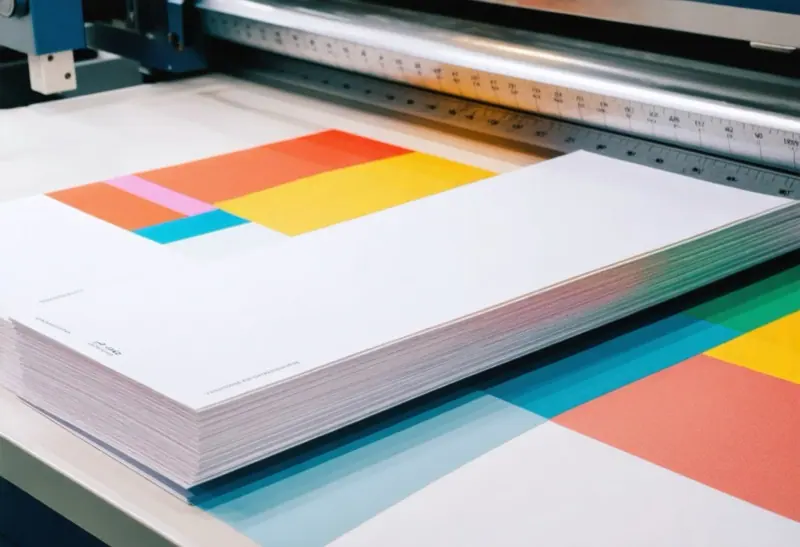 Stack of freshly printed flat cards with colour-block artwork on a print shop table