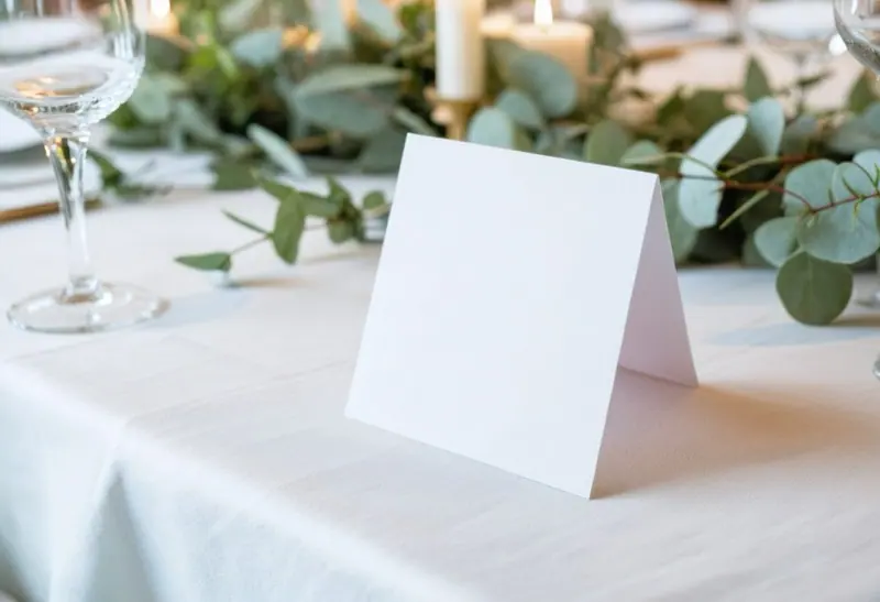 Plain white tent card on a reception table with eucalyptus and candles